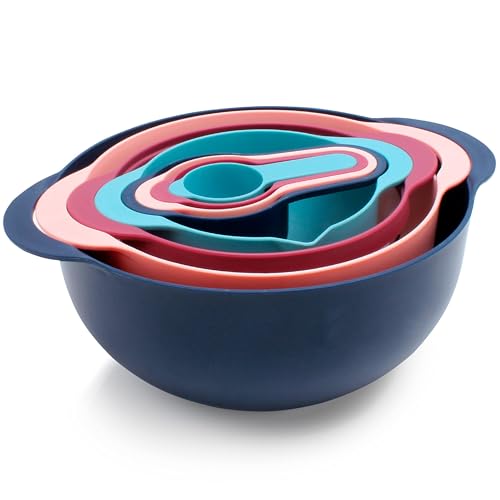 COOK WITH COLOR Nesting Bowls with Measuring Cups Colander and Sifter Set - Includes Mixing Bowls, Colander, Sifter and Measuring Cups, Navy, 8 Pc Bowl
