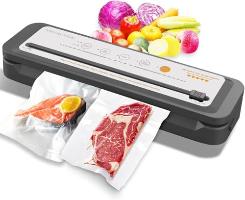 MEGAWISE Vacuum Sealer Machine 2025, 80kPa High Suction Power, One-Touch Operation, Built-in Cutter, Compact Design with Starter Bags – Food Vacuum Sealer for Dry & Moist Foods (Silver)