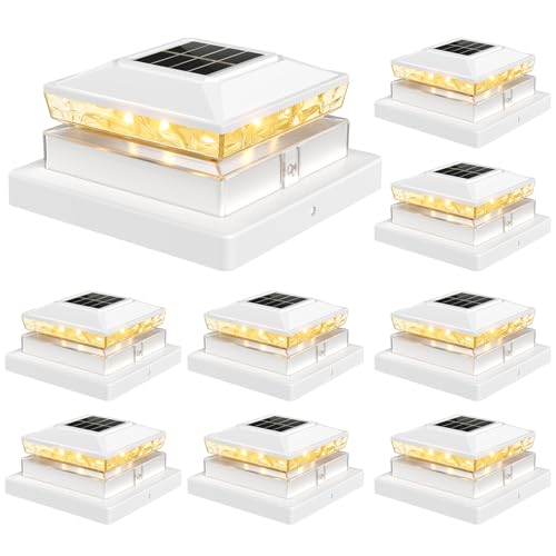 Flyingod Solar Post Cap Lights for 4x4 & 5x5 Vinyl/Wood Fence Posts – 8 Pack, Warm White (3000K), 600mAh Battery, 12+ Hour Runtime, Auto Dusk-to-Dawn On/Off, White