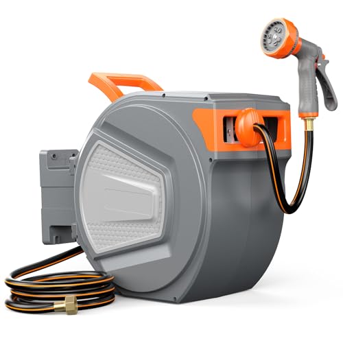 OLIXIS Automatic Retractable Garden Hose Reel, Heavy Duty Wall Mounted Water Reel with 1/2 in x 65 ft Hose, 9 Pattern Nozzle, Slow Rewind Any Length Lock, 180° Swivel for Garage Outside