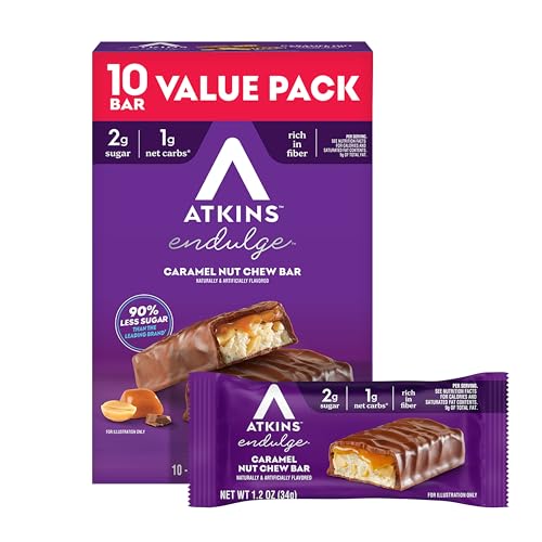 Atkins Endulge Caramel Nut Chew Bar, Low Sugar Snack, Dessert Bar, High Fiber Bar 1g Sugar, 10 Count