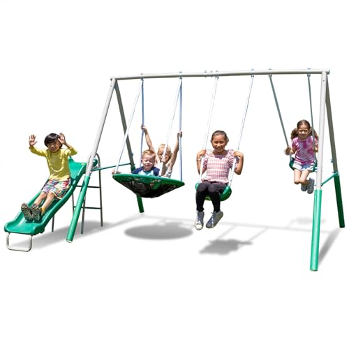 Sportspower Northridge Metal Swing Set, 500 lb Capacity, 32" Saucer, 2 Blow-Molded Swings & 5ft Slide, Durable 6ft Frame, Outdoor Backyard Playset for Kids Aged 3–8