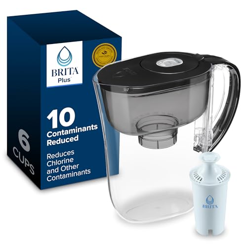 Brita Metro Small 6-Cup Water Filter Pitcher with BritaPlus Filter, WQA NSF/ANSI Certified, Reduces 2X Contaminants vs. Standard, Reduces Chlorine, Zinc, Copper, Mercury & More, Black
