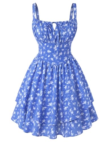 Scarlet Darkness Floral Mini Corset Dress for Women Teen 2026 Summer Spring Flowy A-Line Sundress with Pockets Royal Blue White Floral XL