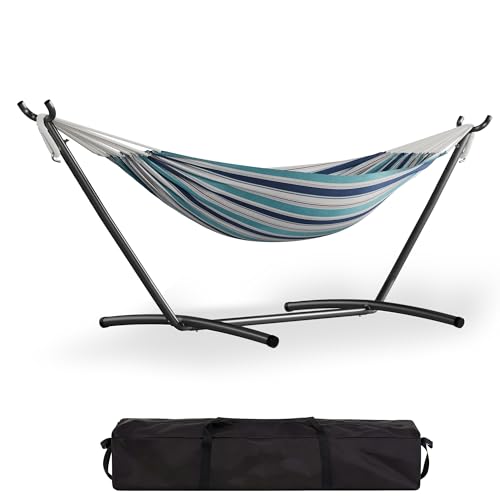 GarveeLife Double 2 Person Hammock, Indoor Outdoor Standing Hammock with Space Saving Steel Stand, Carry Bag, 450 LBS Weight Capacity, Suitable for Garden Camping Beach, Ocean