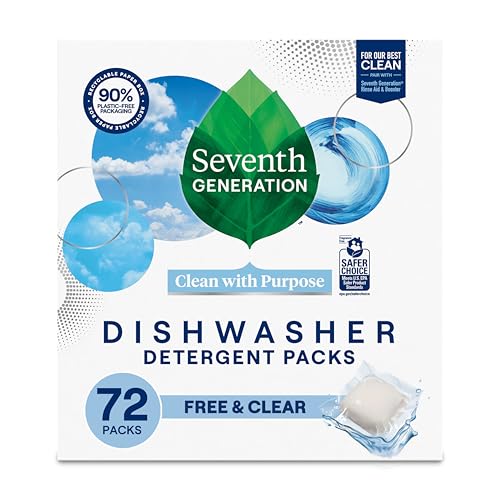 Seventh Generation Dishwasher Detergent Packs, Free & Clear, 72 Count, Pack of 1, Plant Powered Cleaning, Fights Greasy Reside & Stuck-On Food For Sparkling Dishes, Fragrance-Free & Septic Safe