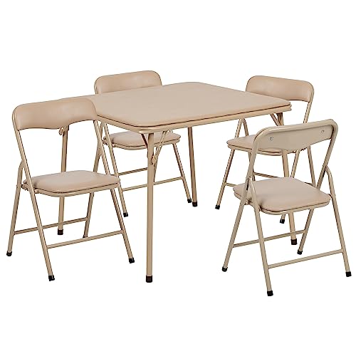 Flash Furniture Mindy Kids 5-Piece Folding Square Table and Chairs Set for Daycare and Classrooms, Children's Activity Table and Chairs Set, Tan
