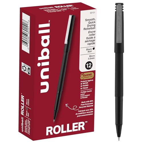 uniball Roller Rollerball Pens, Micro Point (0.5mm), Black, 12 Pack