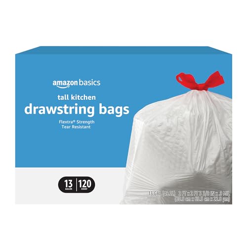 Amazon Basics Flextra Tall Kitchen Drawstring Trash Bags, 13 Gallon, 120 Count