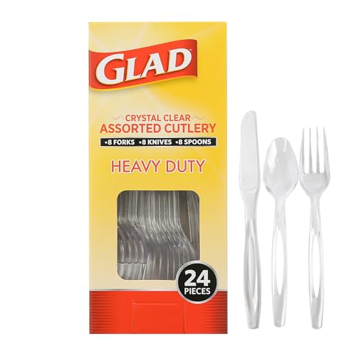 Glad Clear Disposable Cutlery Set with Heavy Duty Plastic Forks, Knives, and Spoons, Reusable Dishwasher Safe Plastic Utensils for Parties and Everyday Use, 24 Count