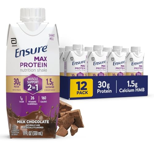 Ensure Max Protein Shake | 2-in-1 Muscle Support | 30g High Protein | HMB | 26 Vitamins & Minerals | Ready to Drink | Milk Chocolate | 11 fl oz, 12 pack