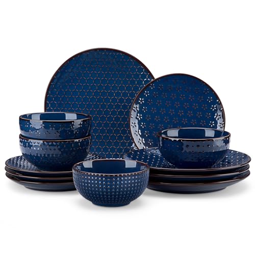 MALACASA 12 Pieces Dinnerware Sets, Modern Plates and Bowls Sets, Blue Dish Set for 4, Kitchen Ceramic Dinner Plates Dishware Set, Microwave and Dishwasher Safe, Series LYDIA