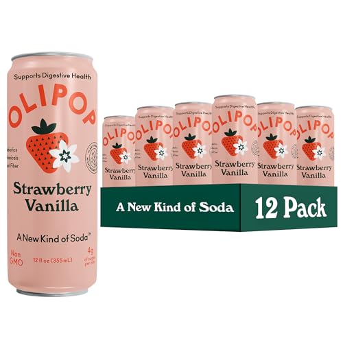 OLIPOP Prebiotic Soda Pop, Strawberry Vanilla, Pantry Pack Packed with Prebiotics, Fiber, and Botanicals, Gluten Free, GMO Free, 12oz Skinny (12-Cans)