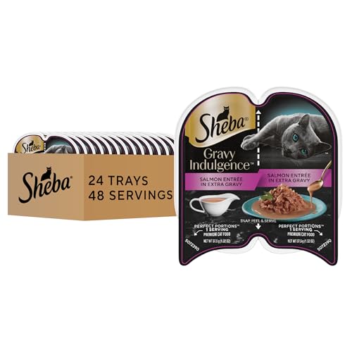 Sheba Gravy Indulgence Adult Wet Cat Food, Wet Food for Cats Salmon Entree in Extra Gravy, 2.6 oz. Twin-Pack Trays (24 Count, 48 Servings)