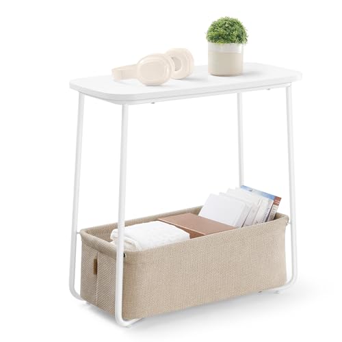 VASAGLE LILEA Collection - Side End Table with Fabric Basket, Modern Nightstand, Rectangular Bedside Table, for Living Room, Bedroom, Matte White and Camel Brown ULET230W10