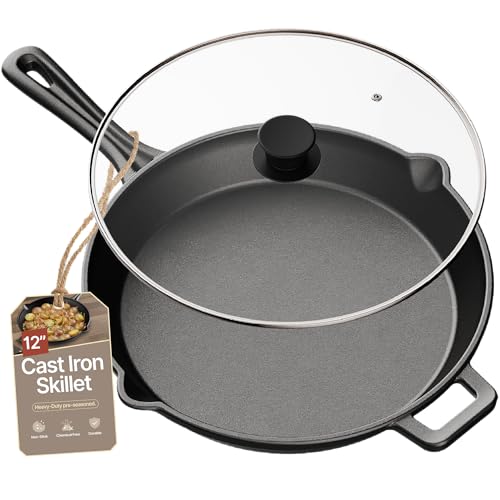 Bakken Pre Seasoned Cast Iron Skillet with Glass Lid & Silicone Handle,12" Frying Pan for Stove, Oven, Grill & Induction, Even Heat Distribution, Versatile All-Purpose Cookware for Searing & Frying