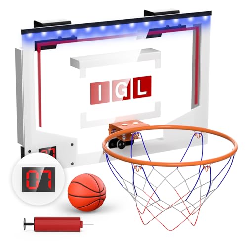 IGL Mini Basketball Hoop Indoor, Over The Door Basketball Hoop Outdoor Wall Mounted with Electronic Scoreboard, Music, LED Lighting and Ball/Pump for Basketball Portable Hoops & Goals