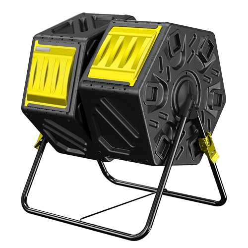 Compost Bin Outdoor, 2 Separate Tumbling Chambers, 37Gal Lagre Compost Tumbler with Sliding Door and Aeration System, 360° Rotating, Tumbling Composter Bin for Kitchen, Garden, Yard, Black Yellow