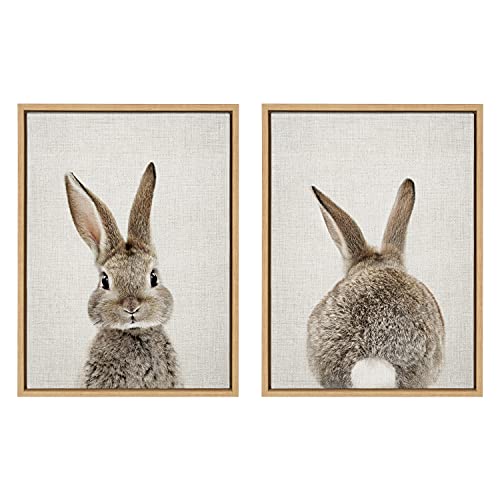 Kate and Laurel Sylvie Bunny Portrait and Bunny Tail Framed Canvas Wall Art by Amy Peterson, 18x24 Natural, Cute Baby Animal Art Decor