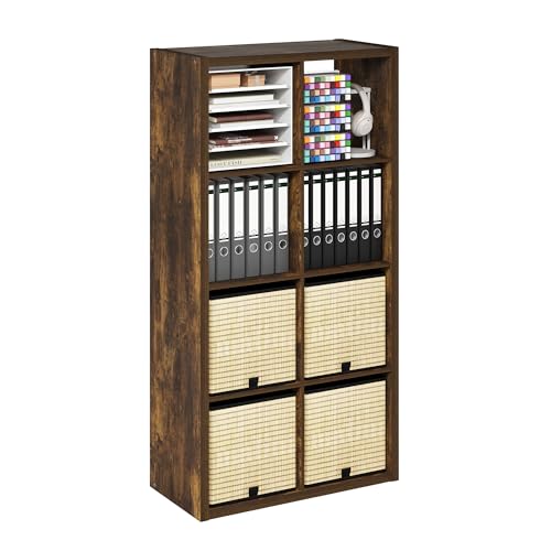 Furinno Cubicle Book Shelf, 8-Cube Bookshelf, Extra Thick Frame Horizontally & Vertically Reversible Bookcase with Open Back, 14.6" x 30" x 58", for Living Room, Bedroom, Home Office, Amber Pine