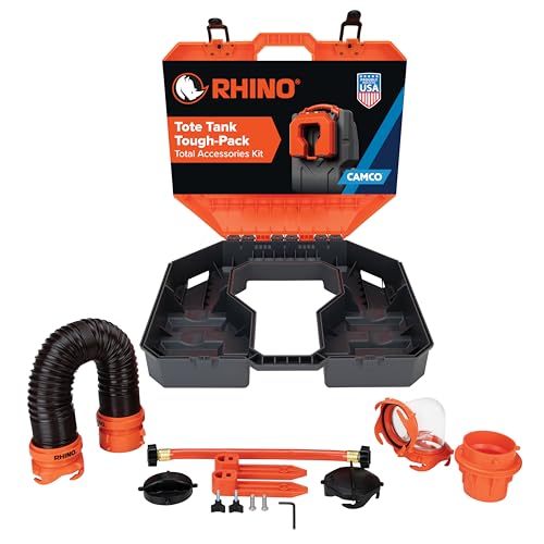 Camco Rhino Tote Tank Tough-Pack – Essential RV Accessory for Efficient Waste Management – Compact 7-Piece Kit Includes Sewer Hose & RV Storage Case (39023)