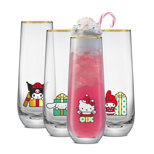 JoyJolt Hello Kitty and Friends Holiday Stemless Flutes, 9.5oz Drinking Glasses Set of 4, Kawaii Sanrio Hello Kitty Kitchen Glass Set Ideal for Water Juice Smoothies, Skinny Tall Glasses