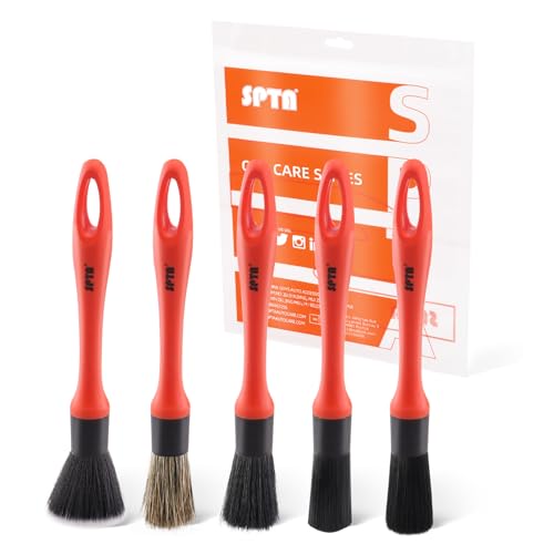 SPTA Car Detailing Brush Set, 5 Pack Soft Mixed Hair Auto Detail Brush Kit No Scratch for Automotive Elegant Surface Interior Exterior Dashboard Emblems Panels Engine Bay Wheels Air Vent Seat Leather