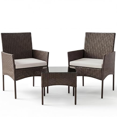 Sweetcrispy 3 Piece Patio Furniture Set, All-Weather Outdoor Conversation Set with Removable Cushions & Tempered Glass Table, Small Bistro Set for Balcony, Porch, Backyard, Deck, Brown