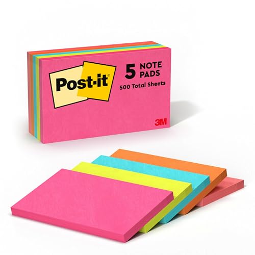 Post-it Notes, 3 in x 5 in, 5 Pads, America #1 Favorite Sticky Notes, Cape Town Collection, Bright Colors (Magenta, Pink, Blue, Green), Clean Removal, Recyclable (655-5PK)