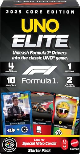 Mattel Games UNO Elite Formula 1 2025 Core Edition Starter Pack Card Game with 4 Game Booster Packs & 2 Promo Cards for Kids, Fans, Families & Game Night
