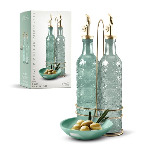 COOK WITH COLOR Glass Olive Oil Bottle Dispenser - 2 Pack- 17oz Oil and Vinegar Cruet - Olive Oil Carafe Decanter for Kitchen, Floral, Green