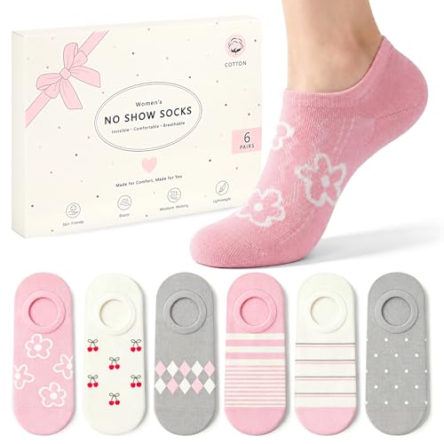 Toes Home Cotton No Show Socks Womens, Cute Low Cut Invisible Socks for Women, Short Casual footies for Sneakers, Thin Ankle Sock Women Gifts 6 Pairs Floral Cherry Strip Size 6-9 Pink White Grey