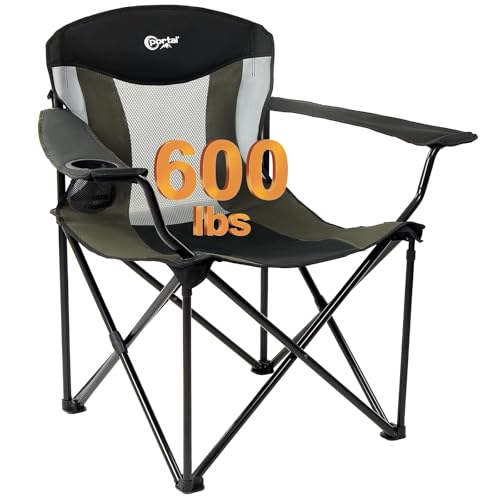 Portal Oversized Camping Chair Big and Tall Folding Camp Chair Portable Lawn Chairs Heavy Duty Foldable XXL Outdoor Camping Chair for Adults, Support Up to 600 lbs, Black/Grey