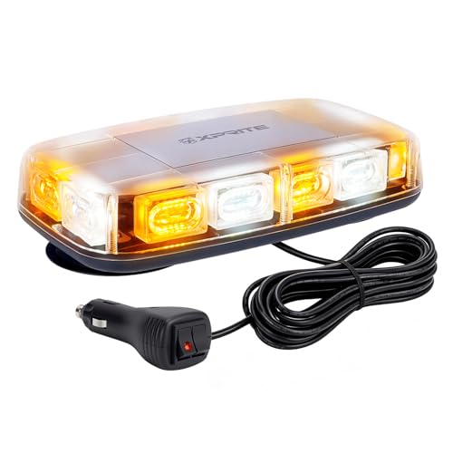 Xprite Upgraded 12" 72LED Rooftop Mini Strobe Lights, Emergency Safety Flashing Beacon Light Bar with Magnetic Base for 12V-24V Construction Vehicles, Trucks, Snow Plow, Postal Car (Mix White/Amber)