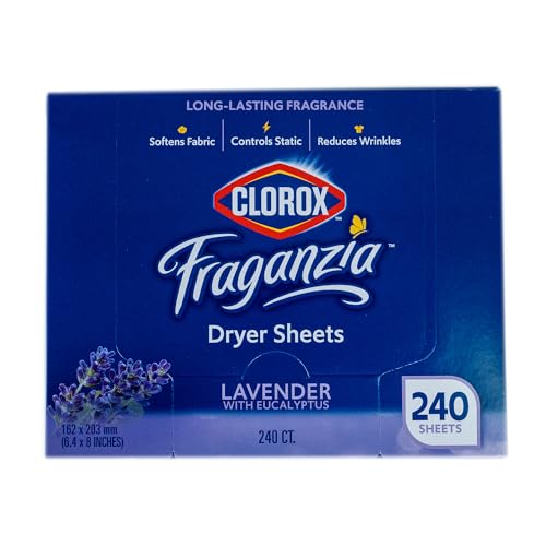Clorox Fraganzia Fabric Softener Dryer Sheets Wrinkle Reducing Anti Static Softens Fabrics Fresh Lavender with Eucalyptus Scent 240 Count Single Box for Home Dorm and Laundry Room Everyday Use