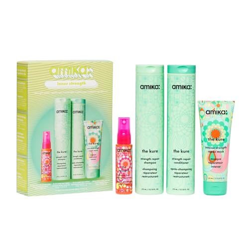 amika inner strength repair routine set | gift set for dry, damaged hair from bleach, color, chemical, or heat use