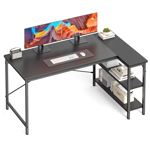DUMOS L Shaped Desk 55 Inch Computer Desk Gaming Furniture Corner Desks Home Office PC Table with Reversible Storage Shelves for Writing Working Study Bedroom Dorm, Modern Black