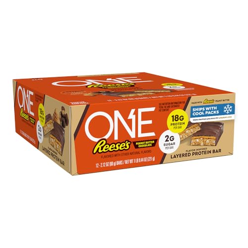 ONE Reese's Peanut Butter Chocolate Layered Flavored Protein Bars, Gluten Free with 18g Protein and 2g Sugar, Pantry Staples, 2.12 oz (12 Count)