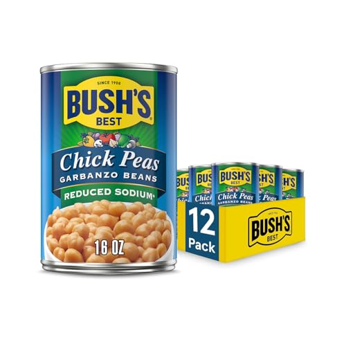 BUSH'S BEST 16 oz Reduced Sodium Garbanzo Beans, Source of Plant Based Protein and Fiber, Low Fat, Gluten Free, (Pack of 12)