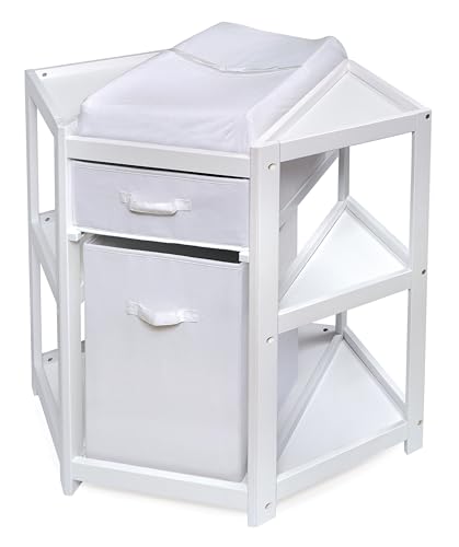 Badger Basket Corner Baby Changing Table - Space-Saving Diaper Changing Station for Nursery with Storage Bin, Changing Pad and Safety Belt - Organizer for Newborn and Infant Essentials - White
