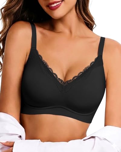 HORISUN Wireless No Underwire Bra for Women V-Neck Lace Trim Jelly Supportive Seamless Bra Comfortable Tshirt Bralette (Black 34C)