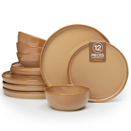 FOBENTA Ceramic Dinnerware Set for 4,Reactive Glaze Plates and Bowls Sets,Microwave Safe,Chip-Resistant Dish Set,Perfect for Modern Dining,Farmhouse Style (Cappuccino, Service for 4 (12pcs))