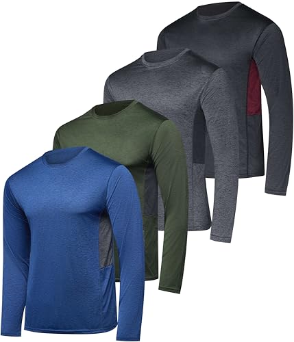 Real Essentials 4 Pack: Mens Long Sleeve Dry Fit T Shirts Hiking Fishing Workout Gym Work Sun UPF 50 Wicking Running Tee, Set 4, Medium