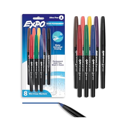 EXPO Vis-a-Vis Wet Erase Markers, Semi-Permanent, Assorted Colors, Ultra Fine Tip, 8 Count - For Writing on Glass, Whiteboards, Mirrors, Calendar, Labeling, Organizing