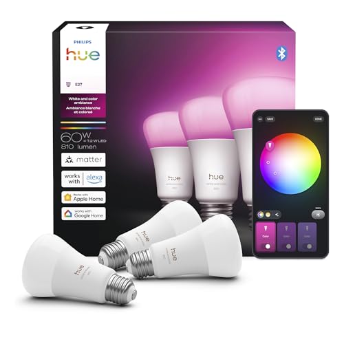 Philips Hue Smart LED A19 Bulb, 3 Pack, White & Color Ambiance, E26 Base, 7.2W, Full Spectrum Light 1000K-20000K, 810 Lumens, Dimmable LED Bulbs, Works with Alexa, Google & Apple Home