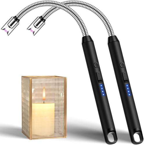 LcFun 2 Pack Candle Lighter Windproof USB C Rechargeable Electric Lighters with 360° Flexible Neck & Safety Lock, Windproof Flameless Lighters Long Stem Matches for Candle, Grill, BBQ, Gas Stoves