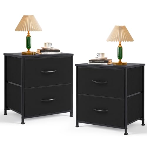 Nightstand Set of 2, Small 2 Drawer Dresser End Table Bedside Furniture, Wooden Top Fabric Bins for Bedroom, Closet, Entryway, Dorm, 11.8" D x 18" W x 20", Black