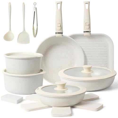 Tibbicc 20-Piece Ceramic Nonstick Cookware Set – Induction Compatible, Non-Toxic Pots & Pans with Removable Handles, Dishwasher & Oven Safe Stackable RV/Camping Cookware Cream White