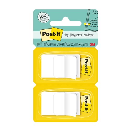 Post-it Flags, 1 x 1.7 in, White, 2 Dispensers, 50 Flags/Dispenser