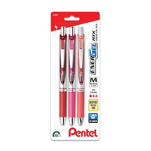Pentel EnerGel RTX Retractable Liquid Gel Pen, 0.7mm, Journaling Hue, Red, Pink and Coral Ink, Pack of 3 Pens (BL77RBJBP3M)
